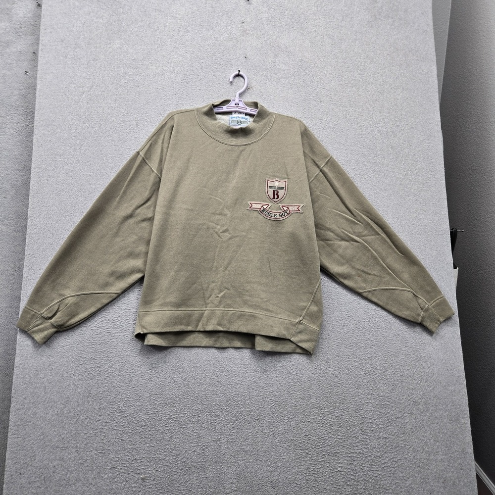 VINTAGE Bugle Boy Men Sweatshirt XL Olive Embroidered Fleece Crest 183233